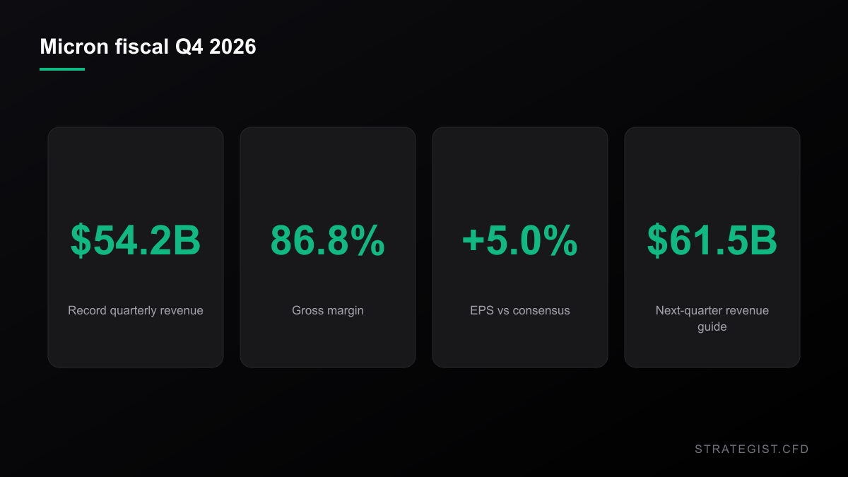 Micron fiscal Q4 2026: record revenue of $54.2B, 86.8% gross margin, EPS 5.0% above consensus, next-quarter revenue guide of $61.5B